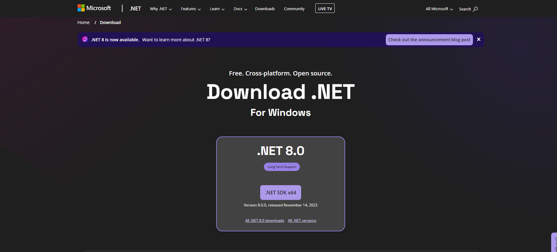 .NET 8.0 下载页面